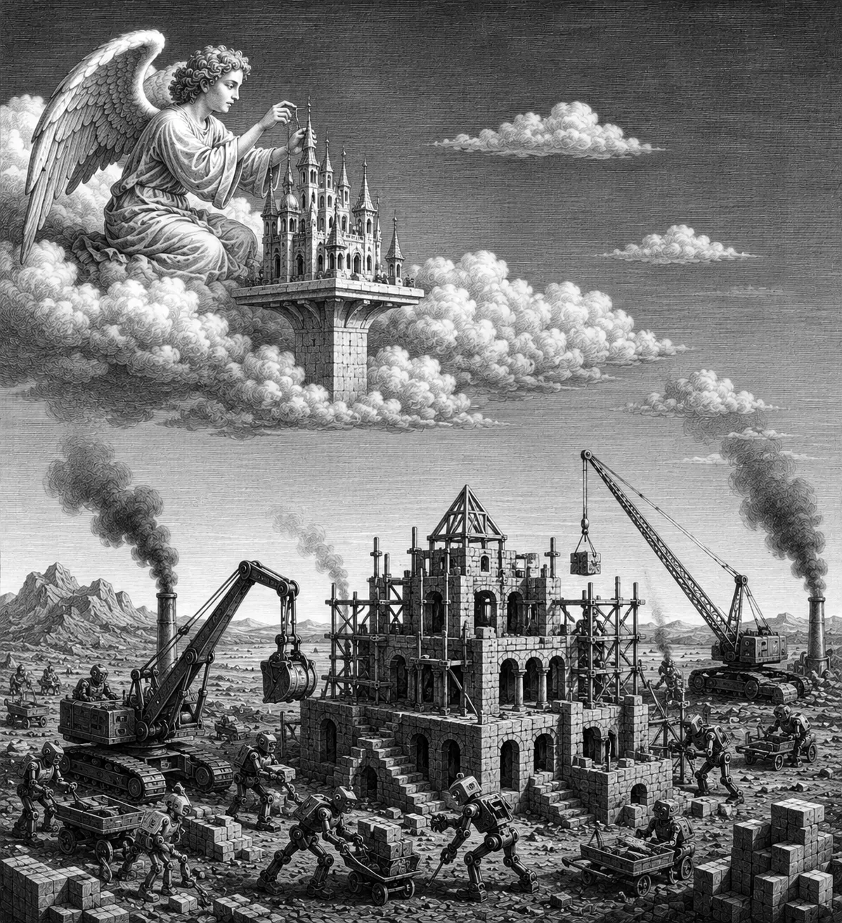 Engraving: an angel seated on a cloud sets the last spire on a castle in the air, while below, on a bare plain, machines and automatons raise the same building in stone