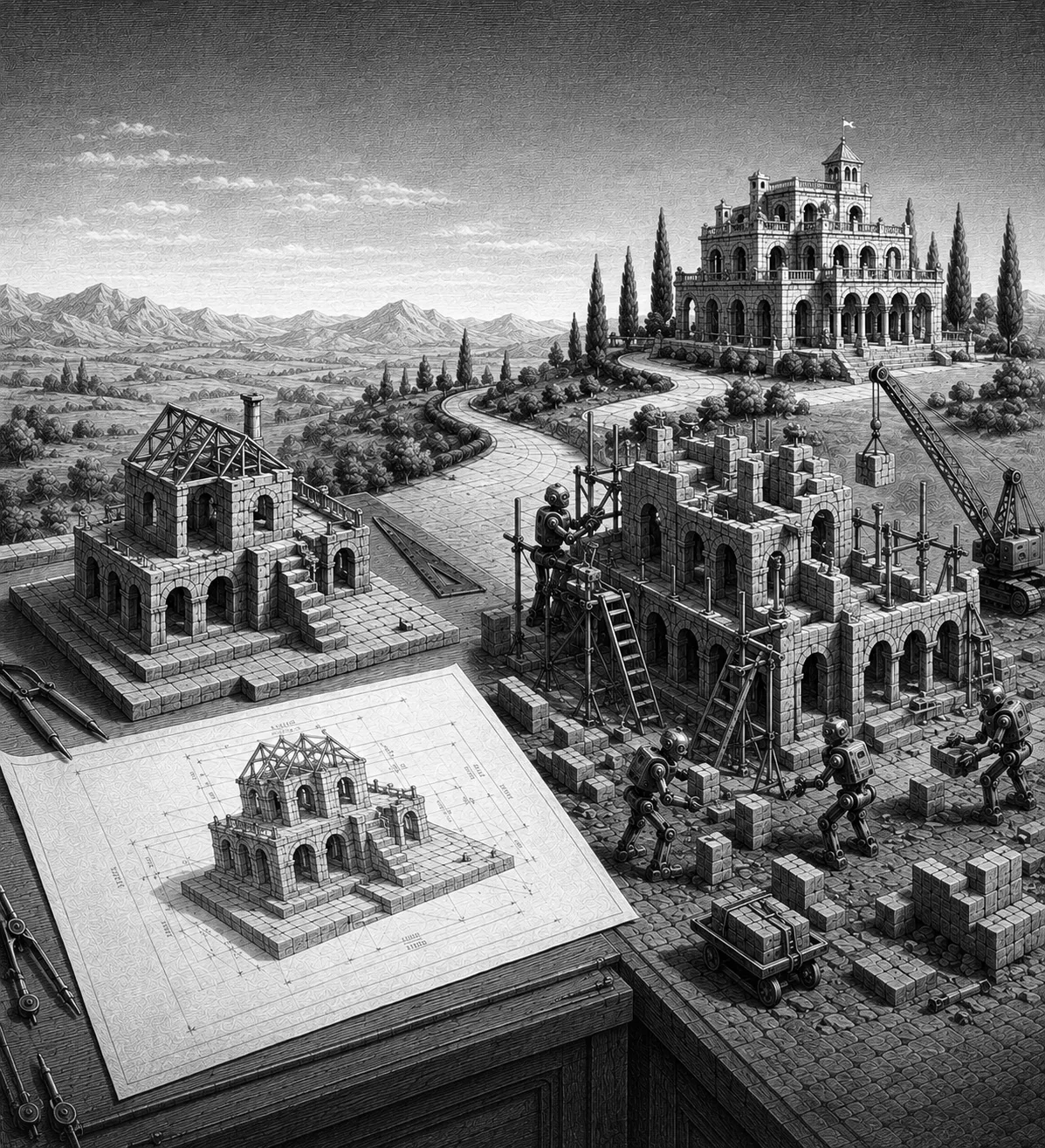 Engraving: a small prototype building and a measured drawing on a board in the foreground; behind them the same design half-built at full size, and on the hill beyond, the finished villa